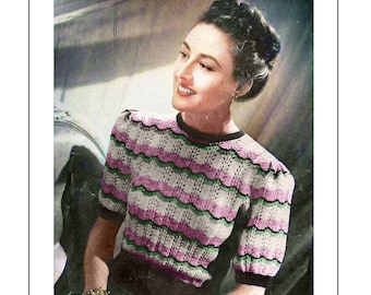 1940's Pretty lace Stripe Sweater PDF Knitting Pattern Bust 34