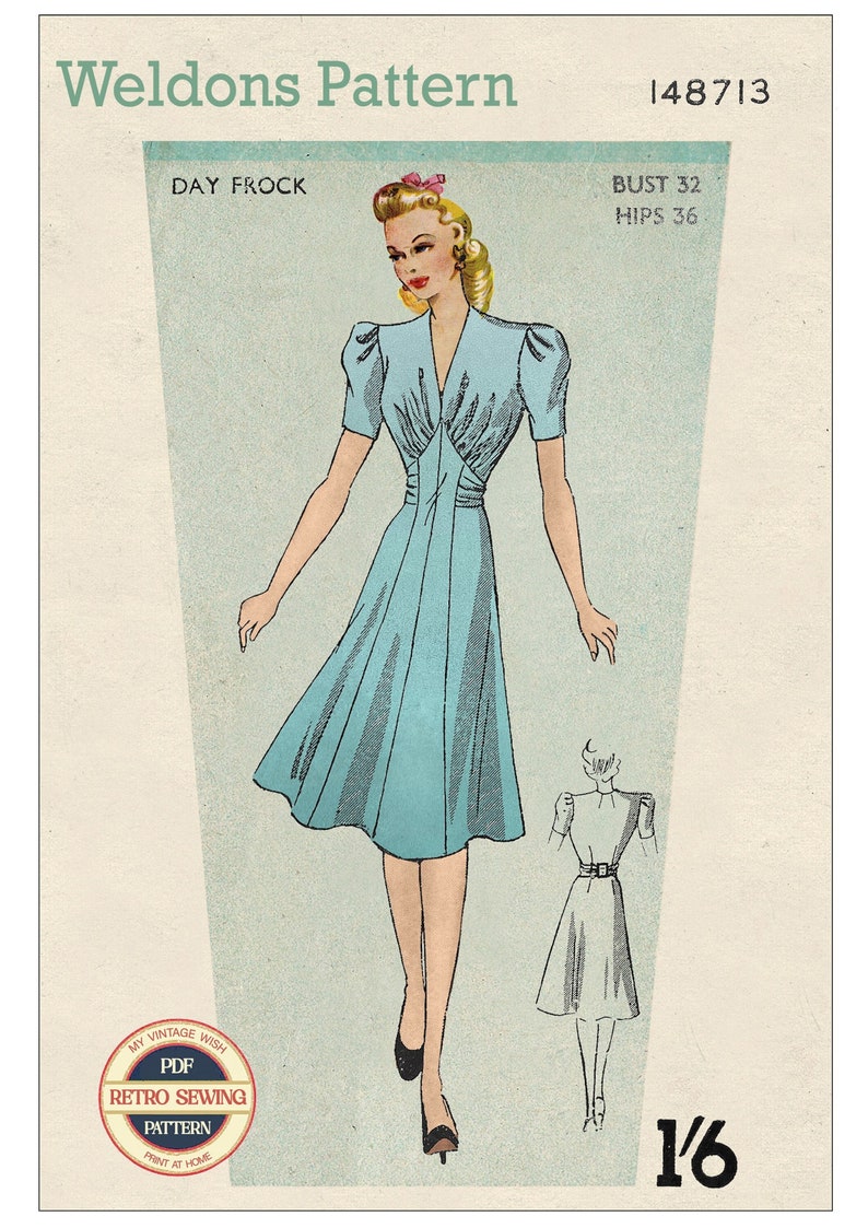 1940's Wartime Belted Tea Dress PDF Sewing Pattern Instant download image 1