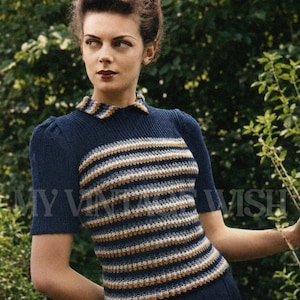 1940er Jahre Ringelpullover Strickmuster PDF | Vintage Damen Pullover