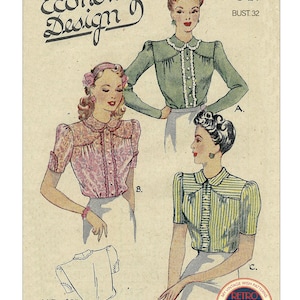 1940s Pretty Yoked Blouse PDF Sewing Pattern Bust 32