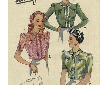 1940s Pretty Yoked Blouse PDF Sewing Pattern Bust 32