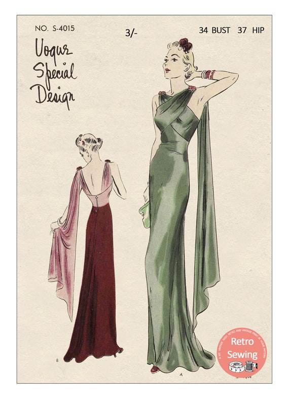 1930's Stylish Evening Gown PDF Print at Home Pattern Bust 34 