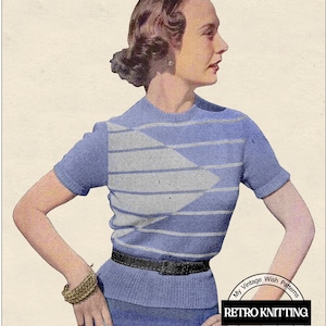 1950s Colour Block Striped Sweater PDF Knitting Pattern Bust 33-34