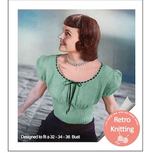 May include: A vintage knitting pattern for a green, short-sleeved sweater with a bow tie neckline. The pattern is designed to fit a bust size of 32-34-36 inches.