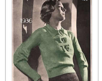 1930's Pretty Bow Trimmed Sweater PDF Knitting Pattern Bust 34-35