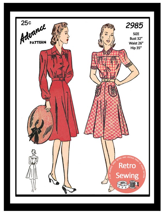 1940s Shirt Waist Dress Sewing Pattern PDF Full Size Sewing | Etsy