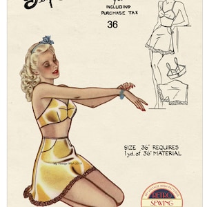 Puede incluir: Un patrón de costura vintage para un camisón, con una mujer vistiendo un camisón dorado con ribete de encaje. El patrón es para la talla 36 y requiere 1 yarda de material de 91 cm. El patrón es de My Vintage Wish 2019 y es un patrón PDF para imprimir en casa.