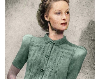 1940s PDF Knitting Pattern – Ladies Button-Up Wartime Jumper – Bust 34–36
