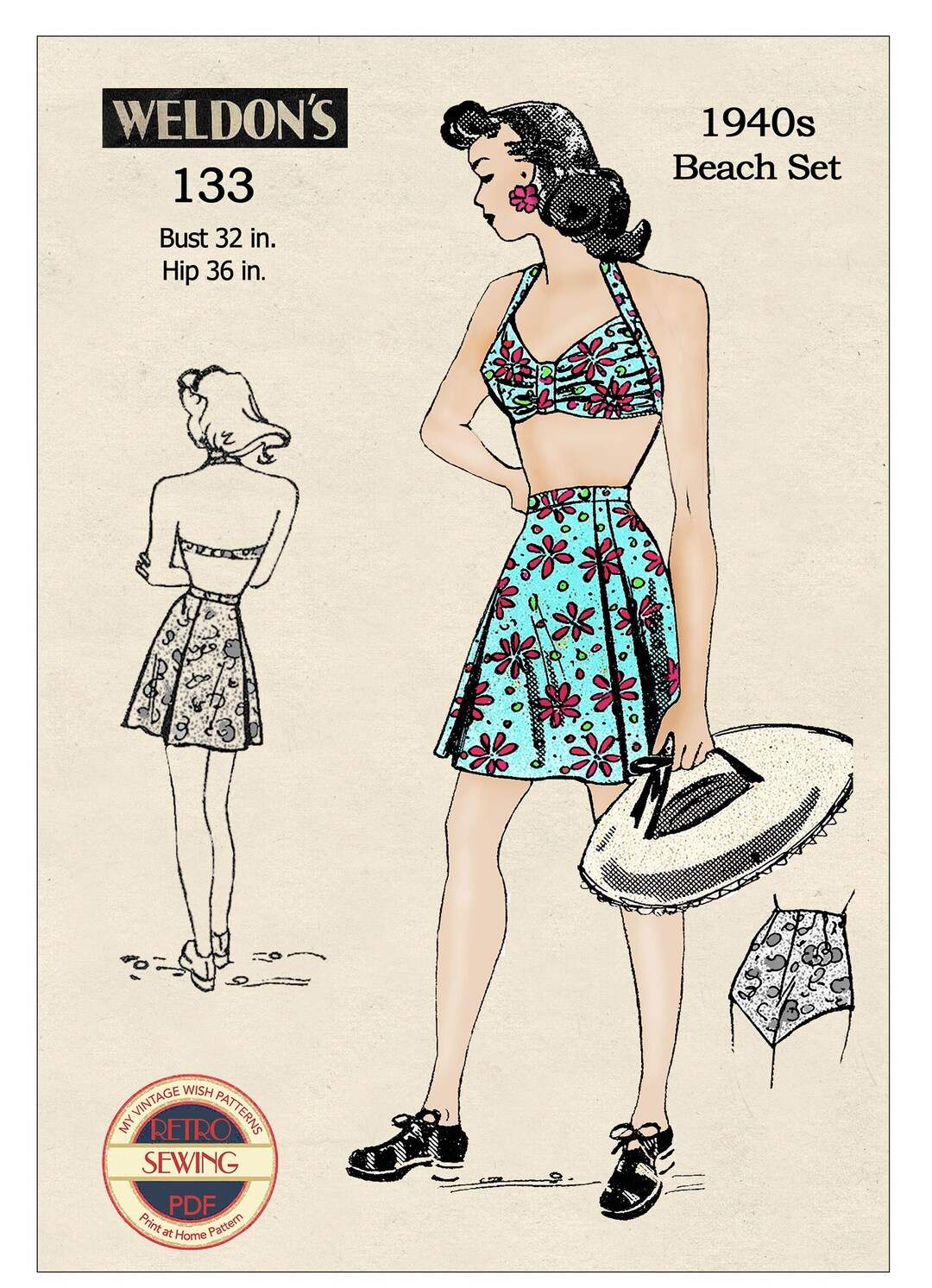 1940s Bikini Bathing Suit and Skirt PDF Print at Home Pattern Bust 32 -   Canada