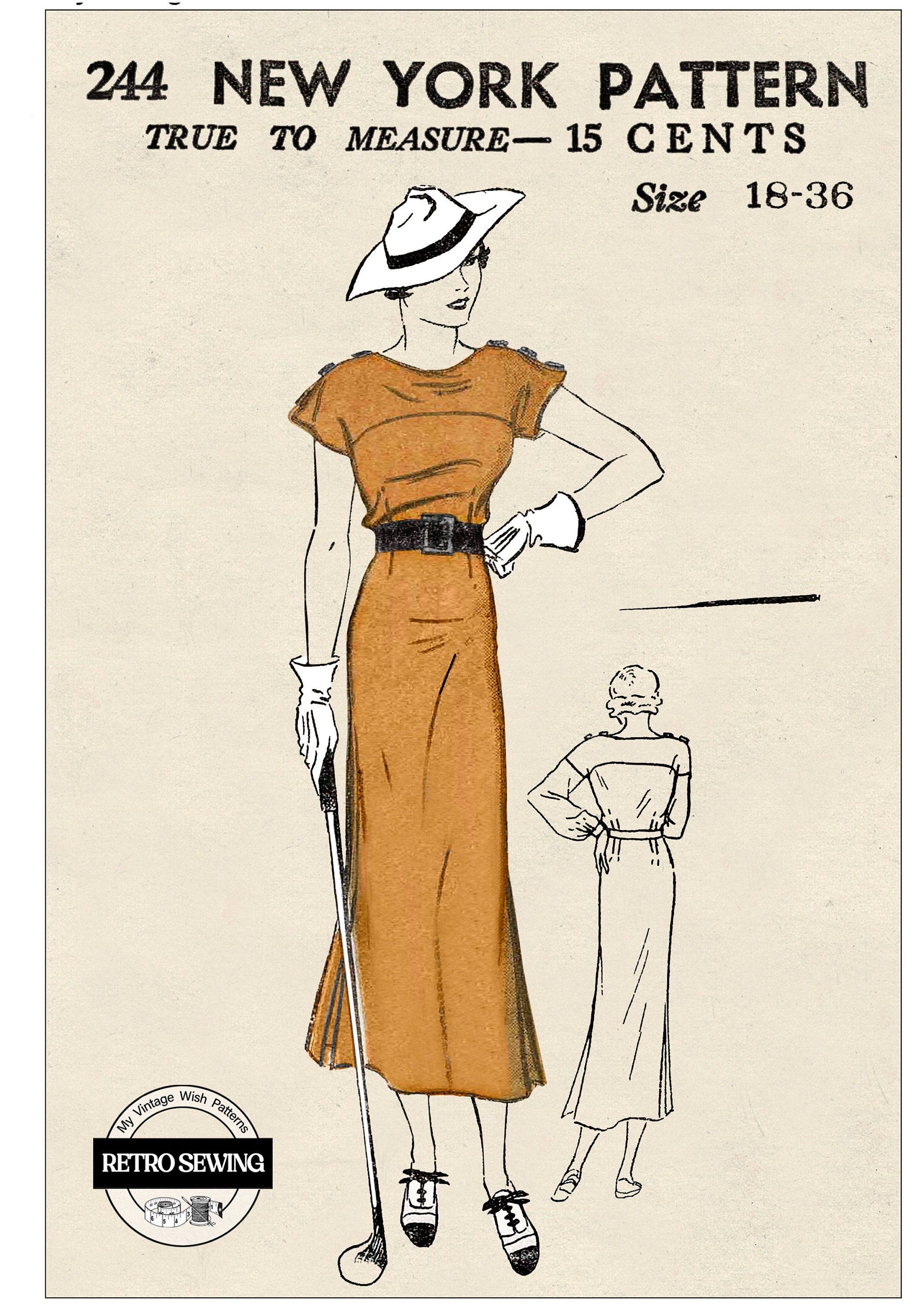 1930s Stylish Summer Dress PDF Sewing Pattern Bust 36