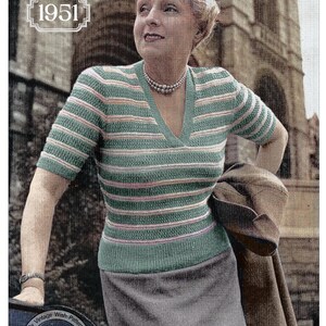 Vintage 1950s Knitting Pattern (PDF) | Plus size Striped V-Neck Sweater Bust 40-42