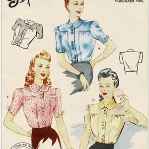 1940s Yoke Front Blouse Vintage Sewing Pattern – PDF Download – Bust 36&quot;
