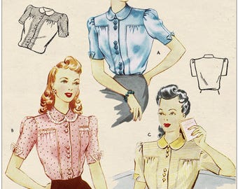 1940s Bluse mit Passe vorne Schnittmuster – PDF Download – 92 cm