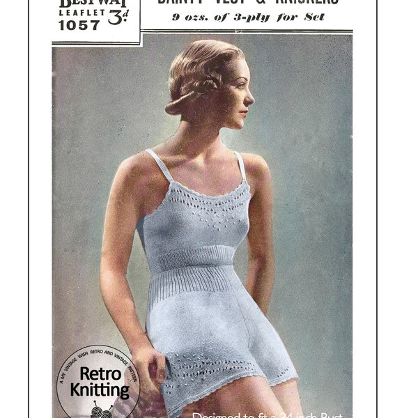 1930's Camisole Vest and French Knickers PDF Knitting Pattern Bust 34