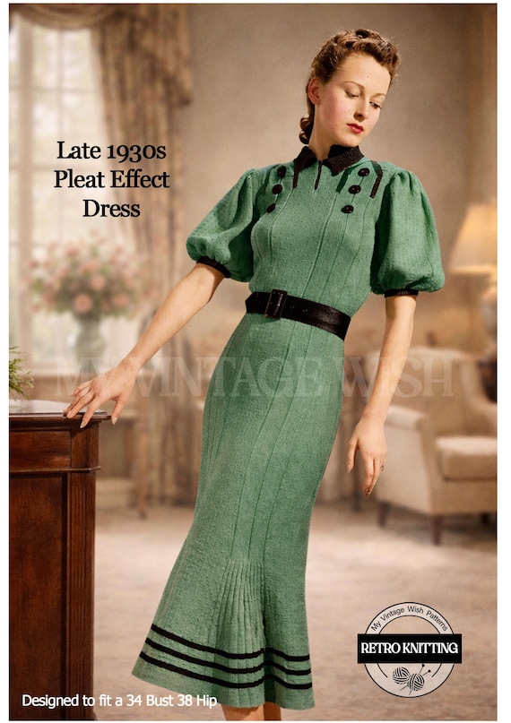 1930s Knitted Dress Pattern PDF  Pleat Effect Vintage Knitting Pattern,  Bust 34, Women's Knitwear - Etsy