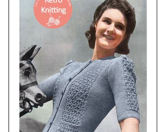 May include: A vintage knitting pattern for a blue cardigan with a button-up front. The pattern is called "Patons Beehive Fingering, 3-Ply" and is designed to fit a 34 inch bust.