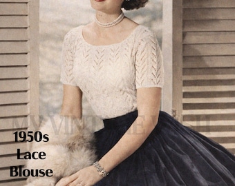 1950s Lace Blouse Knitting Pattern PDF – Scoop Neck Short Sleeve Ladies Top
