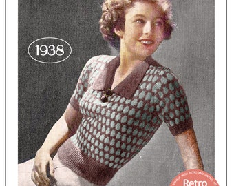 1930s Two Colour Jumper PDF Knitting Pattern Bust 32-34