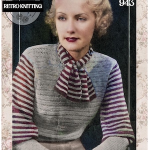 May include: Vintage knitting pattern for a striped sweater with a matching striped bow tie. The pattern is designed to fit a 32-34 inch bust. The pattern number is 943.