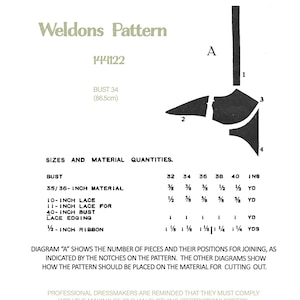 May include: A black and white sewing pattern for a garment, labeled "Weldons Pattern 144122". The pattern includes a diagram with four pieces labeled 1, 2, 3, and 4. The pattern is for a bust size of 34 inches (86.5 cm). The pattern includes instructions for the amount of fabric needed for different bust sizes.