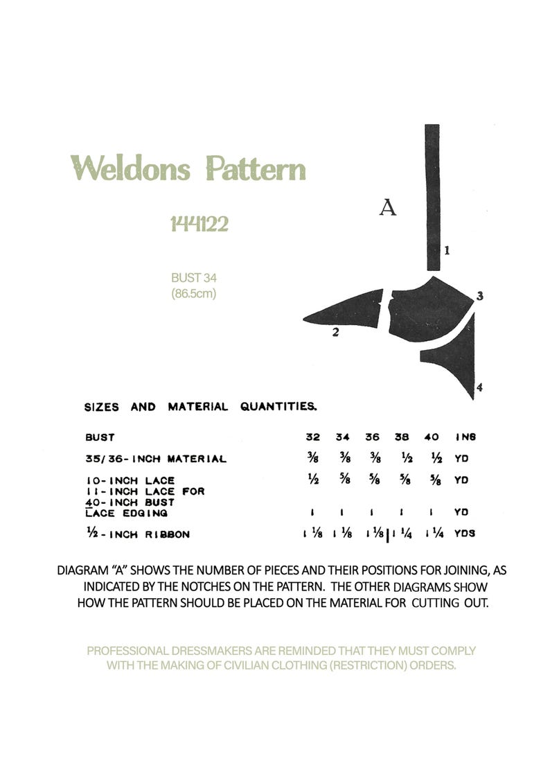 May include: A black and white sewing pattern for a garment, labeled "Weldons Pattern 144122". The pattern includes a diagram with four pieces labeled 1, 2, 3, and 4. The pattern is for a bust size of 34 inches (86.5 cm). The pattern includes instructions for the amount of fabric needed for different bust sizes.