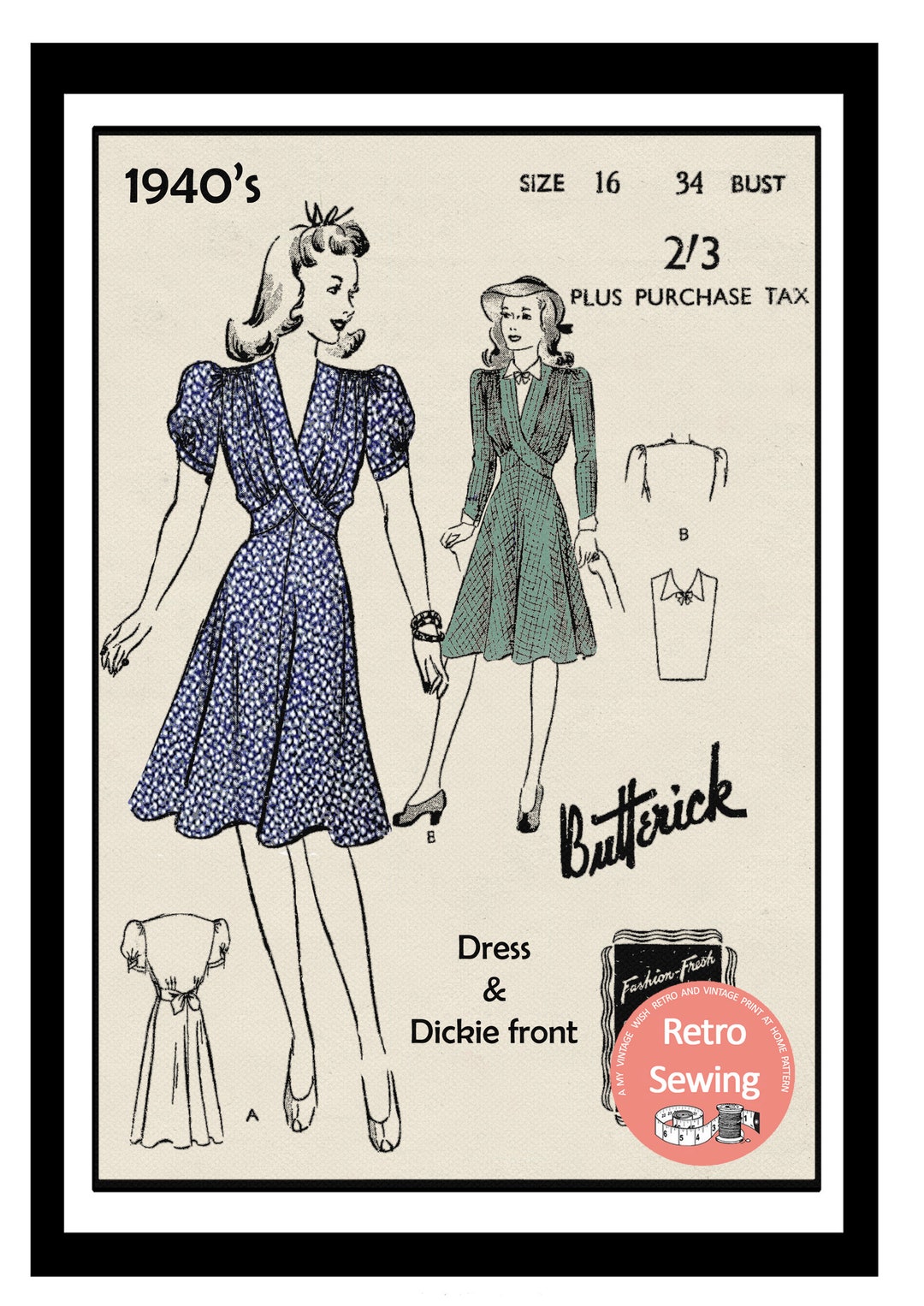 1940's Wartime Tea Dress and Dickie Front PDF Sewing Pattern - Etsy