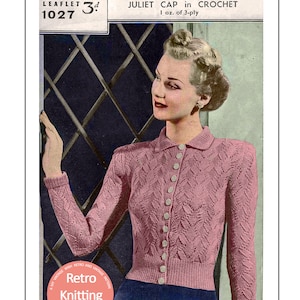 1940s Leaf Stitch Jumper and Crochet Cap PDF Knitting Pattern Bust 32