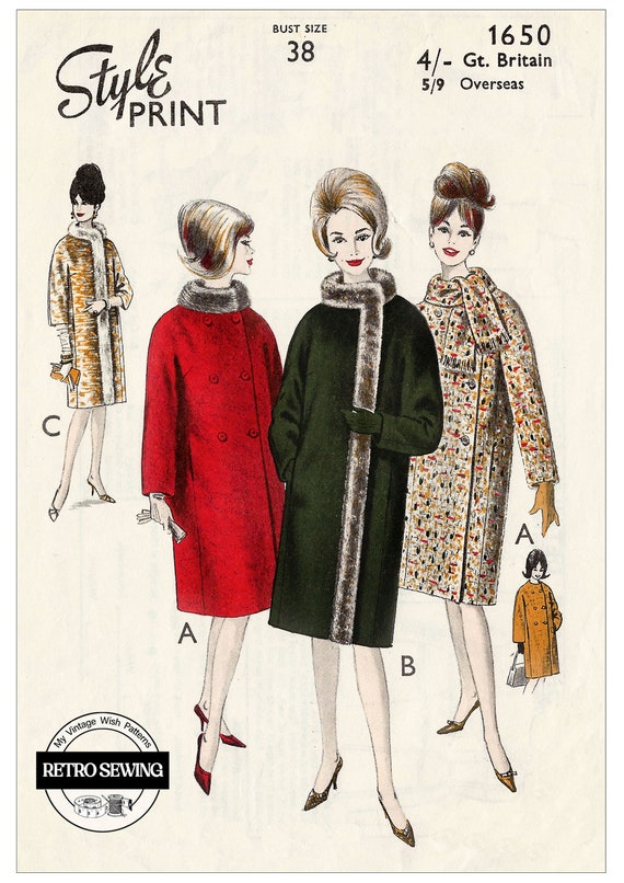1960s Fur Trimmed Winter Coat Pattern Bust 38