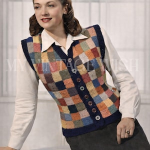 1940er Jahre Patchwork Weste Strickmuster PDF | Vintage Strick-Weste