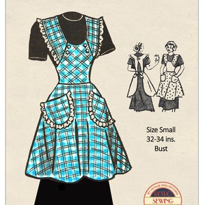 Może przedstawiać: Wzór do szycia w stylu vintage z projektem fartucha w niebiesko-białą kratę, falbankami i kieszeniami. Wzór zawiera tekst "Anne Adams" i "4655" ze szczegółami rozmiaru dla biustu 81-86 cm. Obraz zawiera również ilustracje fartucha.