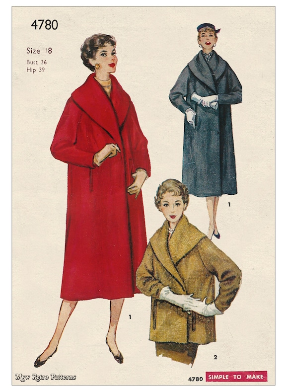 1950s Shawl Collar Wrap Coat Sewing Pattern | Vintage Bust 36 - Etsy
