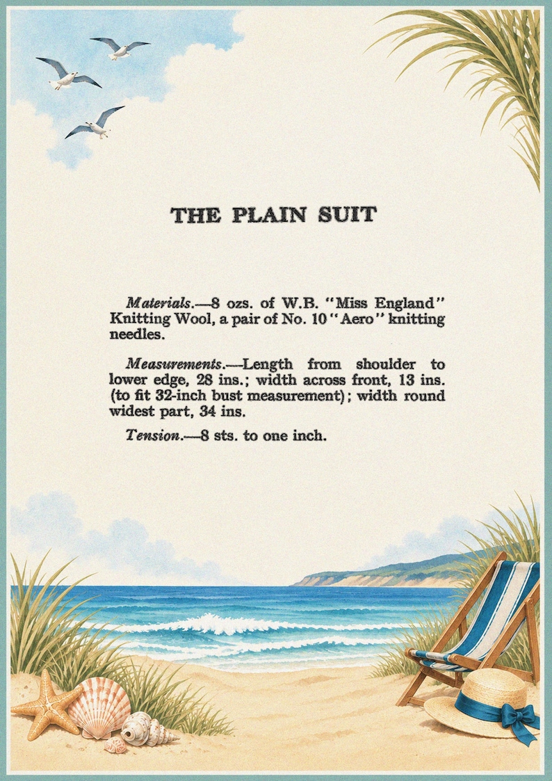 Pode incluir: Um cart&atilde;o de instru&ccedil;&otilde;es vintage intitulado THE PLAIN SUIT, detalhando 8 on&ccedil;as de l&atilde; de tric&ocirc; W.B. Miss England e agulhas Aero n&ordm; 10, com medidas de 28 polegadas de comprimento, 13 polegadas de largura e 34 polegadas de circunfer&ecirc;ncia.