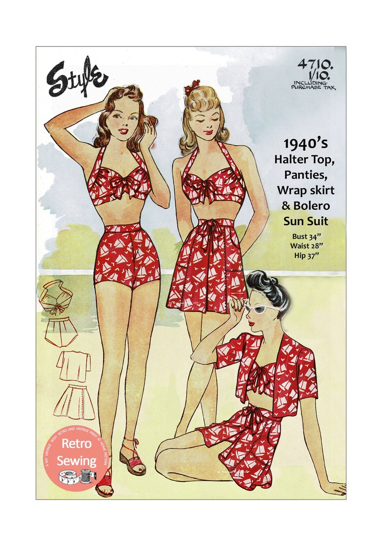 1940s Pin Up Swimsuit, Skirt and Bolero Bust 34 PDF Pattern 