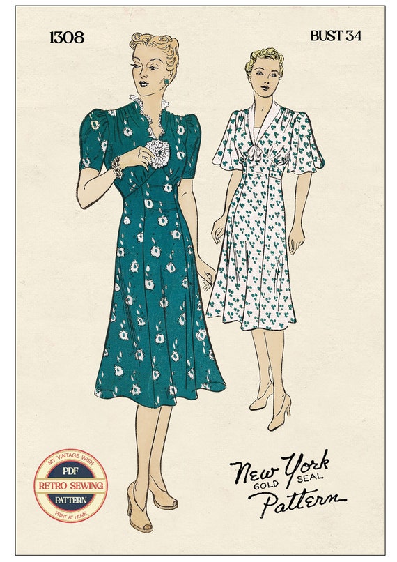 1930s Flutter or Puff Sleeve Tea Dress Ready Printed Pattern Bust