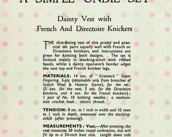 1940's Pretty Vest With French and Directoire Knickers PDF Knitting Pattern 34  Bust -  UK