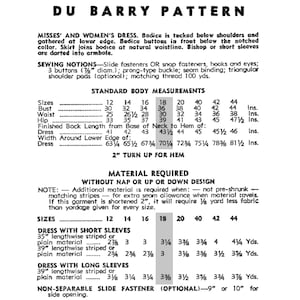 May include: A vintage sewing pattern for a women's dress with short or long sleeves. The pattern includes instructions for a bodice, skirt, and optional shoulder pads. The pattern is for sizes 12 to 44. The pattern is printed on white paper with black text.