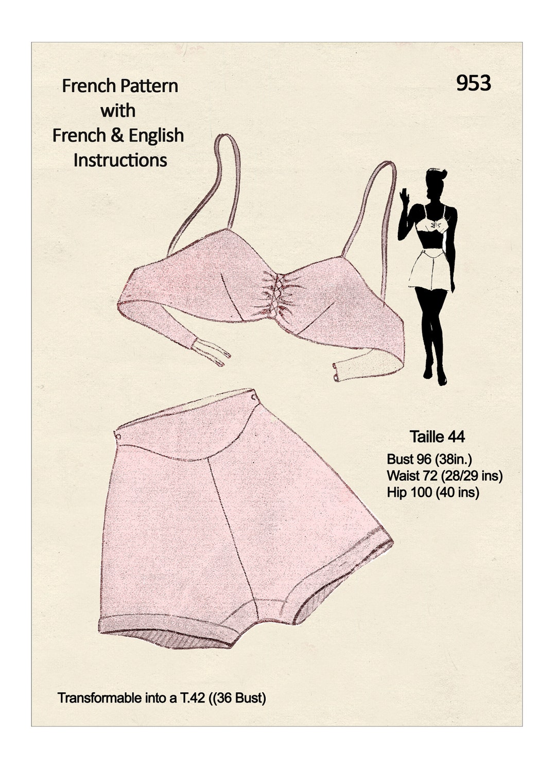 1940's Bra and French Knickers PDF Sewing Pattern Bust 38 