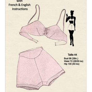 Puede incluir: Patrón de lencería rosa vintage con instrucciones en francés e inglés. El patrón incluye un sujetador y un pantalón corto, con medidas para un busto de 96 cm, una cintura de 72 cm y caderas de 100 cm. Transformable en talla T.42 (91 cm de busto).