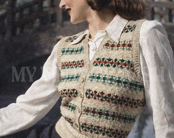 1940s Fair Isle Waistcoat Knitting Pattern PDF Vintage Sweater Vest Retro Women