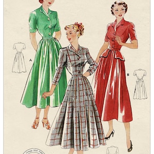 1940s Shirt Dress with or without Peplum PDF Sewing Pattern Bust 36