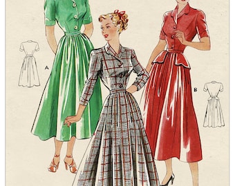 1940s Shirt Dress with or without Peplum PDF Sewing Pattern Bust 36