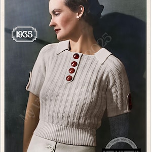 Patrón de tejido vintage de los años 30 en PDF: Jersey con solapas fáciles, busto 86 cm, descarga instantánea