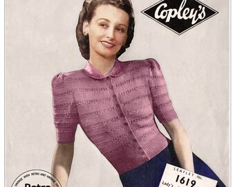 May include: A vintage knitting pattern leaflet for a pink sweater with a button-up front and short sleeves. The leaflet is titled "Copley's" and features a model wearing the sweater. The pattern is for a "Lady's Jumper Coat" and is made with 2-ply "Excelsior" wool.