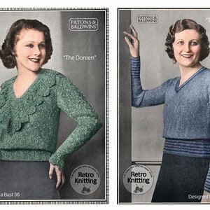 1930s PDF Knitting Pattern for Two V-Neck Jumpers Bust 36