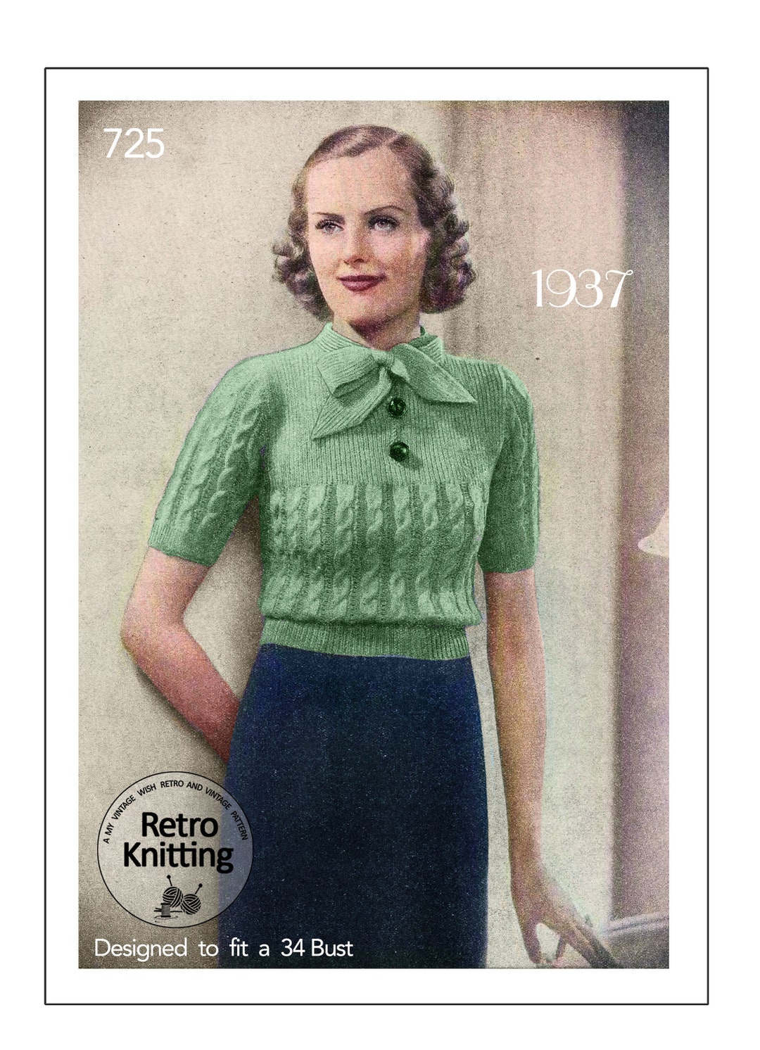 1930s Pretty Cable Stitch Pussy Bow Jumper PDF Knitting Pattern Bust 34 ...