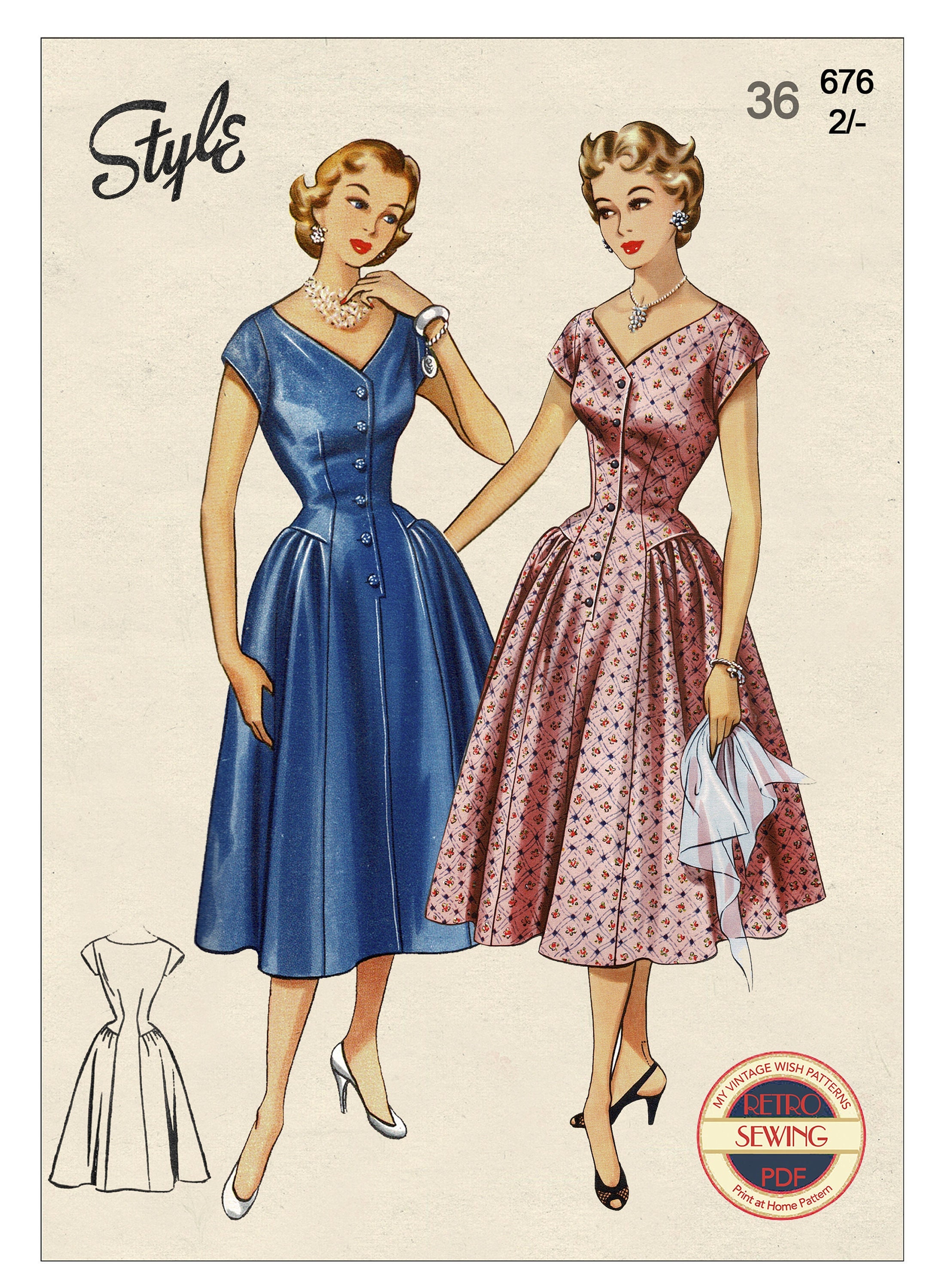 1950s Cap Sleeve Drop Waist Dress Ready Printed Pattern Bust 1950s Cap Sleeve Drop Waist Dress Ready Printed Pattern Bust