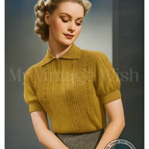 1940's Pretty Lace Stripe Polo Style Sweater PDF Knitting Pattern Bust 35-36