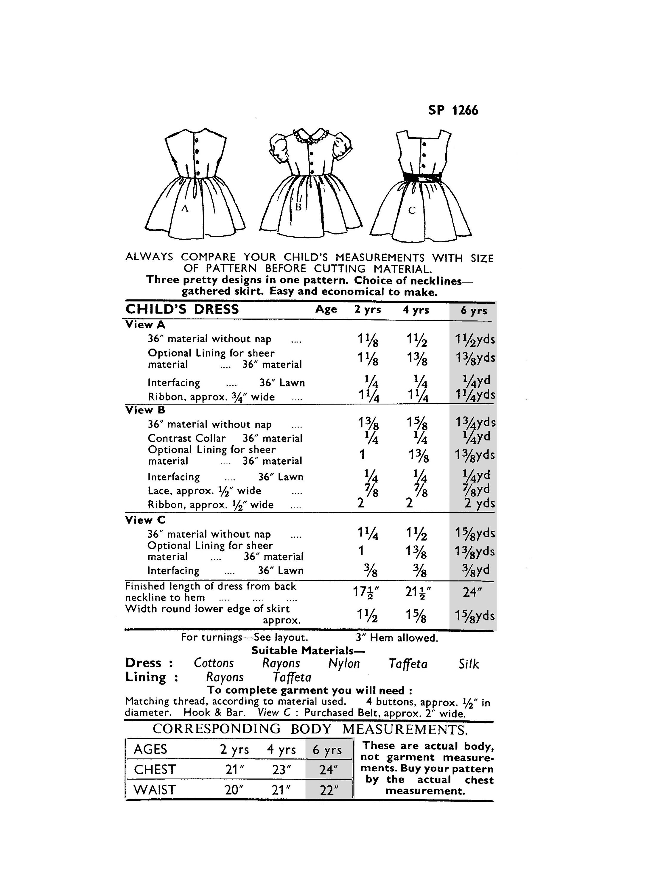 1950s Childs Dress Age 6 - 24 Inch Chest PDF Sewing Pattern - Etsy