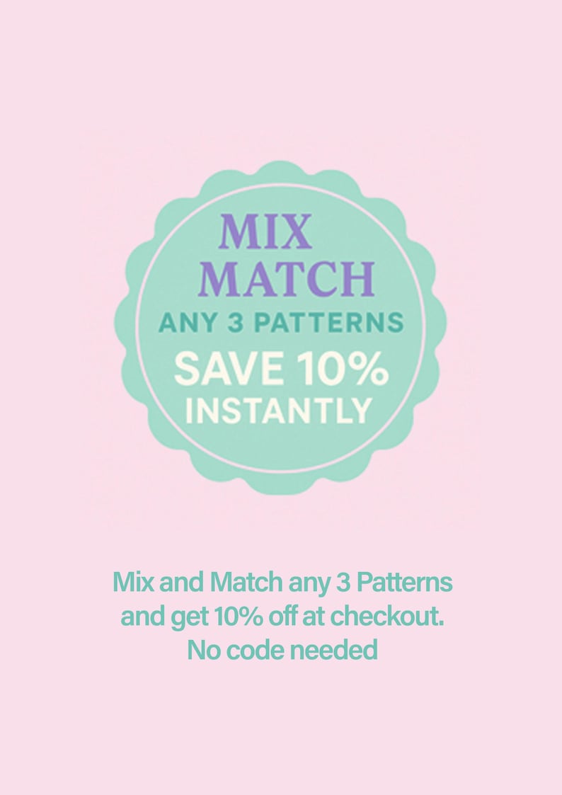 Puede incluir: Gr&aacute;fico promocional sobre un fondo rosa. Un c&iacute;rculo festoneado turquesa contiene el texto &laquo;MIX MATCH ANY 3 PATTERNS SAVE 10% INSTANTLY&raquo;. Debajo, el texto dice &laquo;Mix and Match any 3 Patterns and get 10% off at checkout. No code needed&raquo;.