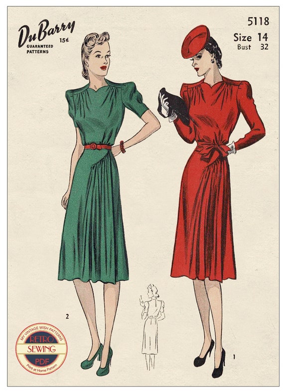 1940s Stylish Cocktail Dress PDF Sewing Pattern Bust 32